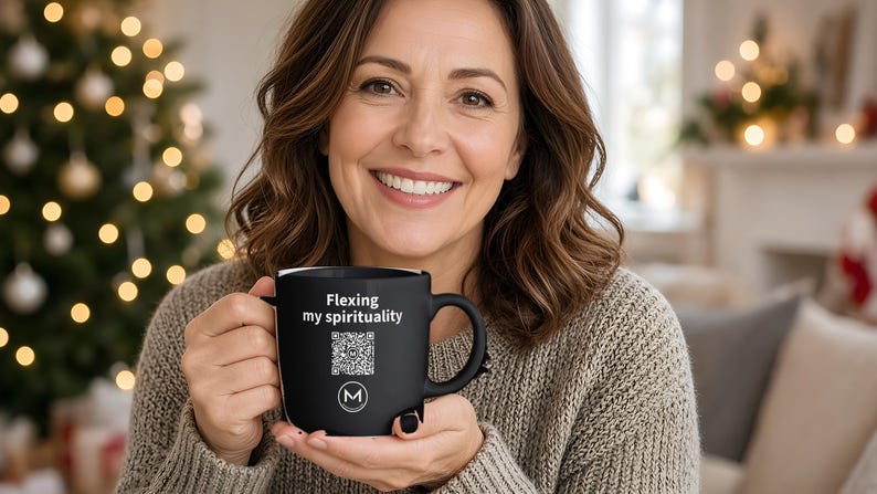 Scannable Mug | Flexing my spirituality | Scan QR for a New Daily Mood Message | 11 Oz Black Coffee Mug Christian Gift for Church Friend image 3