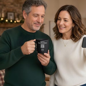 Scannbarer Becher | Santas Lieblingsproblem | QR-Code scannen für eine neue tägliche Stimmungsbotschaft | 325 ml schwarzer Kaffeebecher – Lustiges Weihnachtsgeschenk für die Familie Bild 4