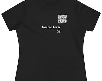 May include: A black short-sleeved t-shirt featuring a white QR code on the upper right chest. Below the QR code, the text reads Football Lover in white, followed by a small circular logo containing the letter M in white.