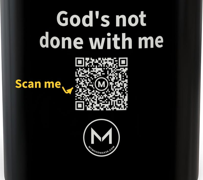 Scannable Mug | God's not done with me | Scan QR for a New Daily Mood Message | 11 Oz Black Coffee Mug Christian Gift of Encouragement afbeelding 2