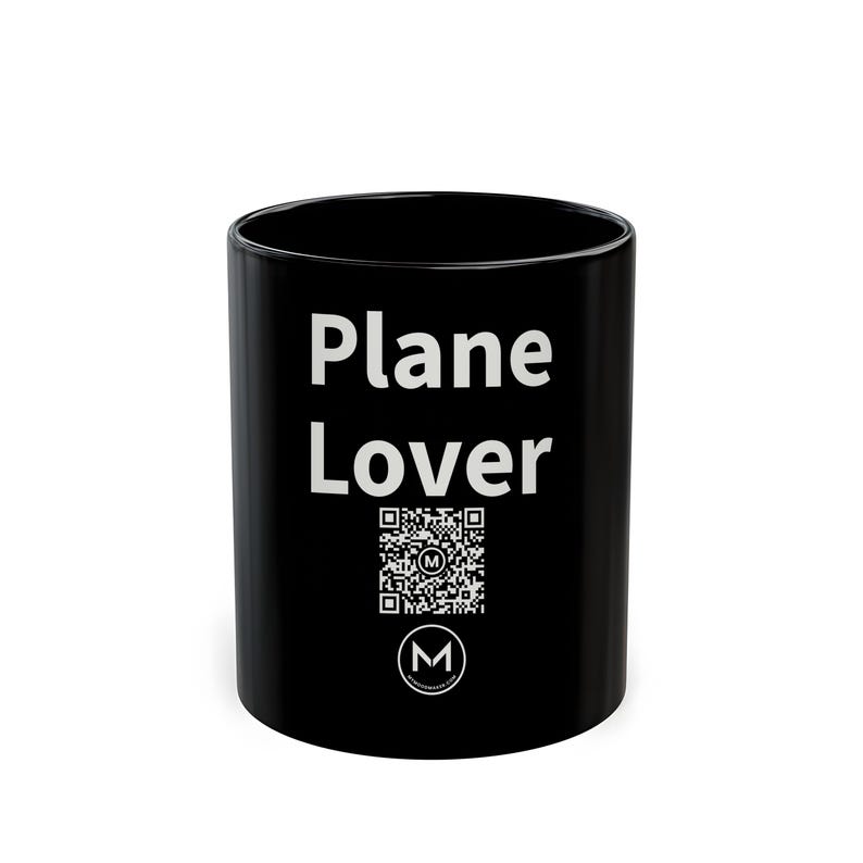Mug à scanner | Passionné d'aviation | Scannez le QR code pour un message d'humeur quotidien | Mug noir 325 ml, cadeau idéal pour les pilotes et les passionnés d'aviation image 1