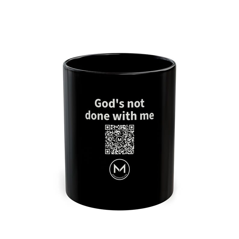 Scannable Mug | God's not done with me | Scan QR for a New Daily Mood Message | 11 Oz Black Coffee Mug Christian Gift of Encouragement afbeelding 1