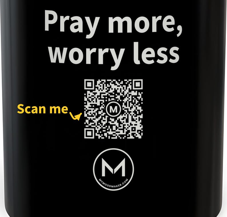 Scannable Mug | Pray more, worry less | Scan QR for a New Daily Mood Message | 11 Oz Black Coffee Mug Christian Gift of Encouragement image 2