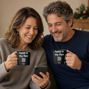 Scannable Mug | Faith is my flex | Scan QR for a New Daily Mood Message | 11 Oz Black Coffee Mug Christian Gift for Church Friend image 5