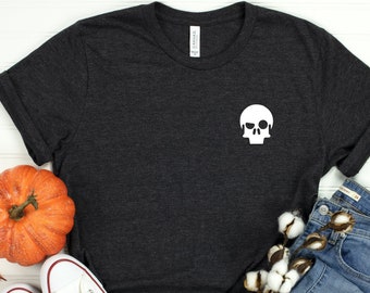Skull Emoji Face - Pocket Logo Shirt - Halloween October T-shirts - Simple Tees - Fall Autumn Skeleton tee