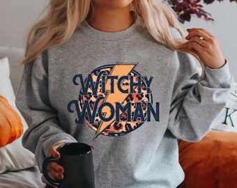 Witchy Woman Unisex Sweatshirt - Halloween Fall Autumn Sweater - Leopard Print Vintage Lightning Bolt Trendy Sweatshirts