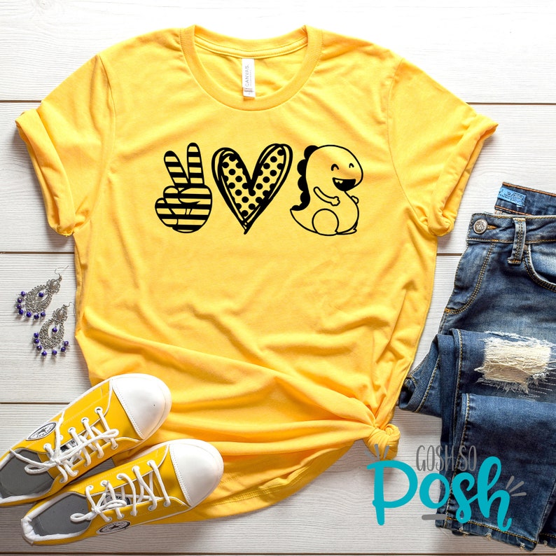 Peace Love Dino Shirt VIPKID T-Shirt ESL Teacher Tee Shirts for Teachers Heather Yellow Gold