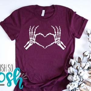 Skeleton Heart Hands T-Shirt Funny Unisex Shirt Bones Love Fingers Tee Maroon