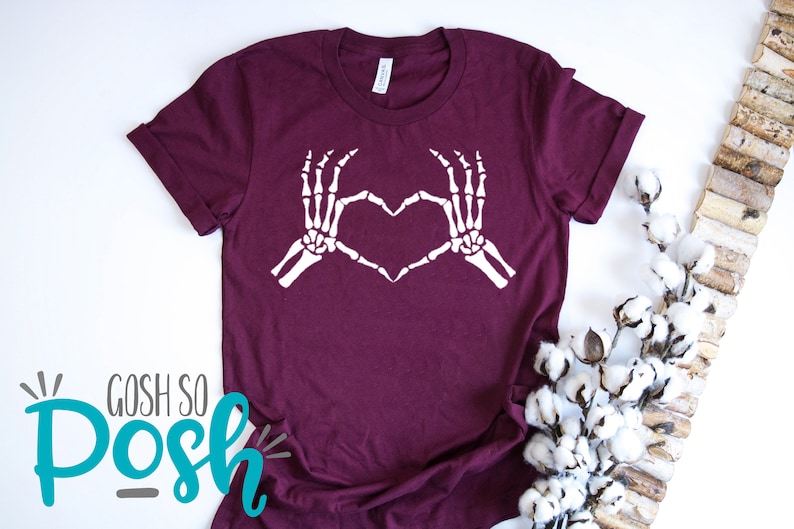 Skeleton Heart Hands T-Shirt Funny Unisex Shirt Bones Love Fingers Tee Maroon