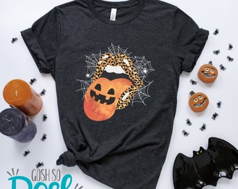 Halloween Leopard Tongue Shirt - Unisex Fall October Tees - Leopard Print Lips - Pumpkin Autumn T-Shirt