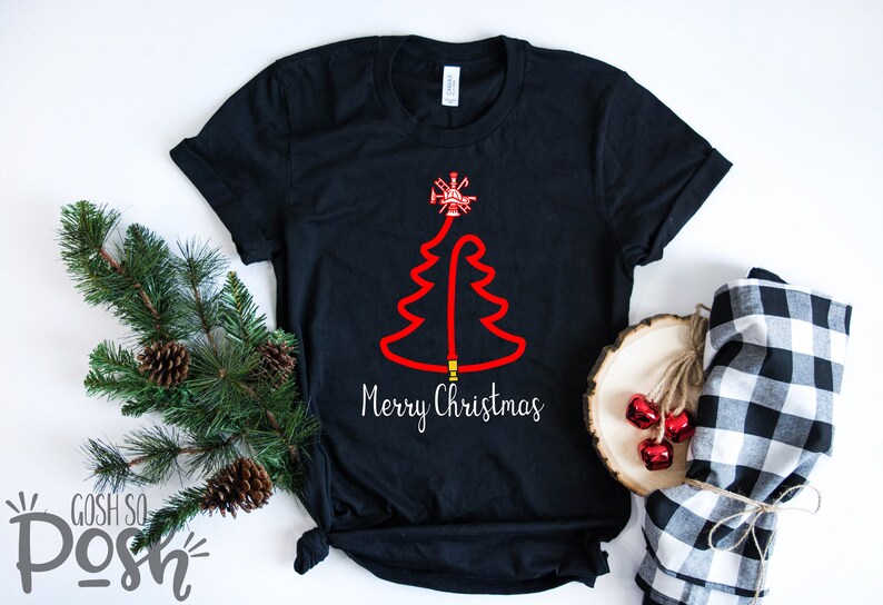 Fire Fighter Christmas Shirt Fire Hose X-mas Tree Tee Fireman Firewoman t-shirt Bella Canvas Holiday Unisex shirts image 1