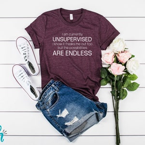 Currently Unsupervised Endless Possibilities Shirt Funny Snarky Shirts With Sayings Unisex Soft Tees Heather Maroon