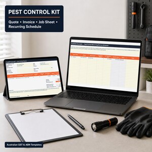 May include: A pest control kit featuring a laptop and tablet displaying digital quote and schedule templates, a clipboard with a blank white sheet, a black pen, a flashlight with an orange ring, and a pair of black work gloves on a desk.