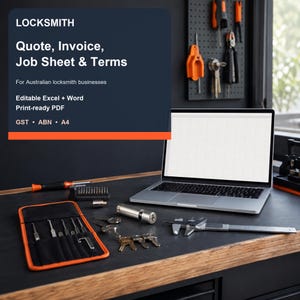 May include: A digital template for locksmiths featuring text: LOCKSMITH Quote, Invoice, Job Sheet & Terms. For Australian locksmith businesses. Editable Excel + Word, Print-ready PDF, GST, ABN, A4. Includes a laptop, lock picks, keys, and calipers.