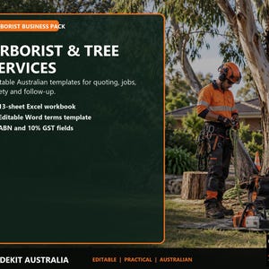 Może przedstawiać: Pakiet biznesowy dla arborystów zawierający ciemnozielony szablon cyfrowy z białym napisem ARBORIST & TREE SERVICES, 13-arkuszowy skoroszyt programu Excel, edytowalny szablon warunków programu Word oraz pola ABN i 10% GST.