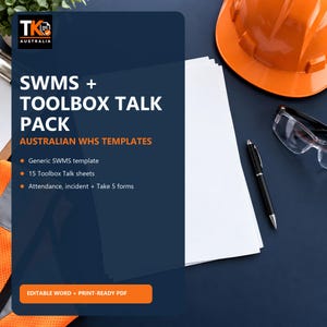 May include: A digital document pack titled SWMS + TOOLBOX TALK PACK AUSTRALIAN WHS TEMPLATES. It includes a generic SWMS template, 15 toolbox talk sheets, and attendance, incident, and Take 5 forms. The file is available in editable Word and print-ready PDF formats.