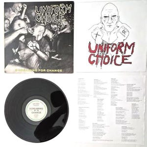 May include: A vinyl record set featuring the Uniform Choice Screaming for Change album. Includes a black and white illustrated cover, a white inner sleeve with a bald figure illustration, a black vinyl disc, and a white lyric sheet with black text.