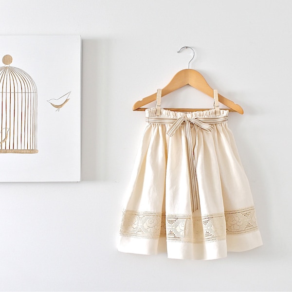 Girls Natural Linen and Lace Ivory Skirt-Special Occasion Toddler Skirt-Bow-Summer Girls Skirt-Children Clothing by Chasing Mini