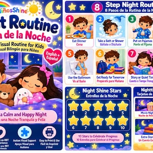 May include: A bilingual English and Spanish visual night routine chart for children featuring illustrations of kids performing eight bedtime steps, a ten-star progress tracker, and reward cards. The design includes a dark blue background with stars.