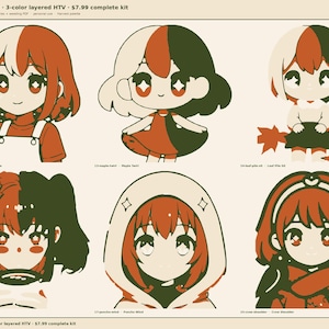 May include: A digital graphic sheet featuring six chibi-style characters in a fall-themed color palette of cream, orange, and dark green. The characters include girls with apples, maple leaves, cider mugs, ponchos, and scarves, with text labels.