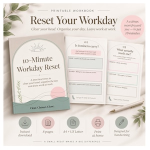 Può includere: Un quaderno di esercizi stampabile intitolato 10-Minute Workday Reset con una delicata palette di colori verde salvia, rosa cipria e crema. Il quaderno include pagine per organizzare le attività, dare priorità alle esigenze e liberare la mente, con una penna.