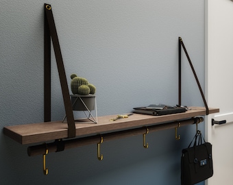 SLING Hanging Wall Shelf and Clothing Rod/ Wood Shelf with Leather and Brass