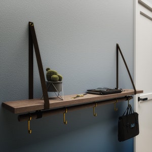 SLING Hanging Wall Shelf and Clothing Rod/ Wood Shelf with Leather and Brass