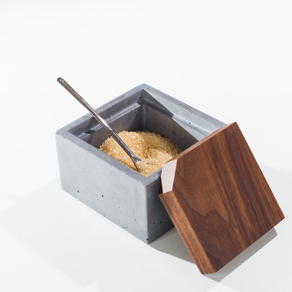 Gray Concrete Sugar Box with Dark American Walnut Wood Lid/ Sugar Container/ Minimalist Concrete box with lid