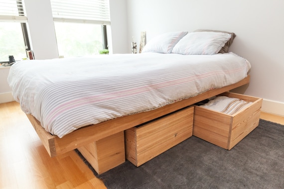 Raw Solid Antique Pine Platform Bed With Storage queen King and