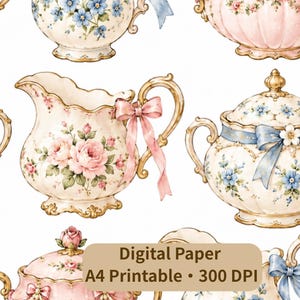 Digitalt papper med vintage blommig tekanna, Shabby Chic skräpjournal (A4 PNG)