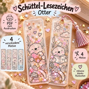 Könnte beinhalten: Zwei durchsichtige, rechteckige Lesezeichen mit schwarzen Otter-Illustrationen, einer mit Herz und einer mit Buch, gefüllt mit rosa und goldenem Sternen-Glitzer. Das rechte Lesezeichen hat eine rosa Quaste. Text: Schüttel-Lesezeichen.