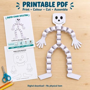 May include: A printable PDF craft kit for a paper-chain skeleton, including two instruction and template sheets, a pair of scissors, and two colored pencils. The assembled white paper skeleton features a square head and chain-link limbs.