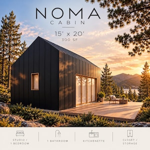 Peut inclure: Un Noma Cabin mesurant 4,57m x 6,10m avec 27,87 m² d'espace. La structure présente un bardage vertical noir, un toit à deux versants et une terrasse en bois. Des icônes indiquent un studio ou une chambre, une salle de bain, une kitchenette et un placard.