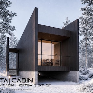 May include: A dark wood cabin with a glass front, elevated on a concrete base, surrounded by snow-covered pine trees. Text reads: VANTA CABIN, MODERN CABIN, 1BR/1BA, 571 SF, INSTANT DOWNLOAD, 23-SHEET PLAN SET. The structure features a balcony.