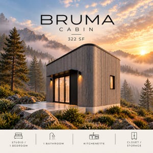 May include: A Bruma Cabin with 322 SF of space, featuring vertical wood siding, a flat roof, and a glass sliding door. The exterior includes a concrete patio, a small window, and wall-mounted lights. Icons indicate a studio, one bathroom, a kitchenette, and closet storage.