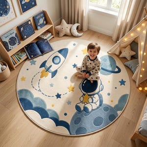 Può includere: Un tappeto rotondo a tema spaziale con un razzo blu e bianco, una fiamma gialla, un pianeta blu, un astronauta bianco che tiene in mano una stella gialla e varie stelle blu e gialle su uno sfondo color crema con nuvole blu nella parte inferiore.