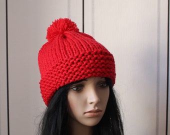 Beanie,Boho,Vintage Style " Pompon Lady " en rouge "