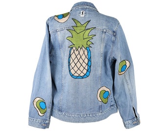 Jeansjacke Ananas Gr. S-L, 36-40 Applikationen aus Rohseide, upcycling