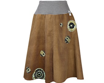 Skirt fine corduroy brown, size. 38/40, with applications, upcycling