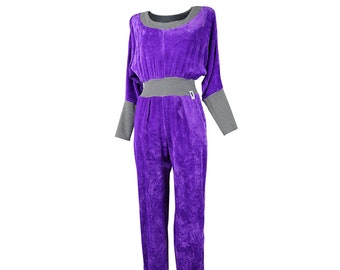 Jumpsuit Flügelärmel, Gr.36, langärmelig, lila, s/w gestreift, Pannesamt, Jersey