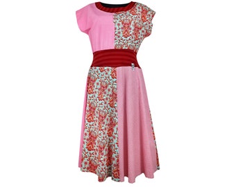 Kleid Hirsch, rosé/rot, mint, L/XL, 40/42, Blumen, dots, upcycling