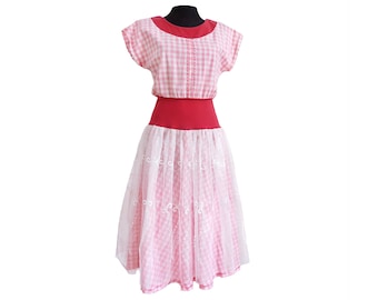 Cotton dress Vichy check, pink/white, embroidery tulle, size. S,