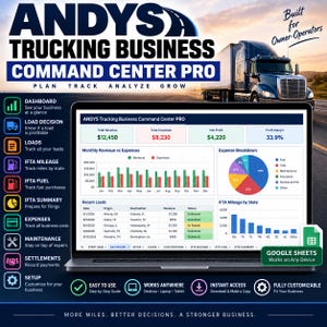 May include: A digital dashboard titled ANDYS TRUCKING BUSINESS COMMAND CENTER PRO displayed on a laptop screen. The interface features financial metrics, a monthly revenue versus expenses bar chart, an expense breakdown pie chart, and IFTA mileage data. A semi-truck is visible in the background.