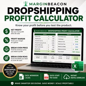 May include: A digital dropshipping profit calculator displayed on a laptop screen. The interface shows input fields for costs and calculated results including net profit, profit margin, break-even price, and break-even ROAS. Includes Excel and PDF icons.