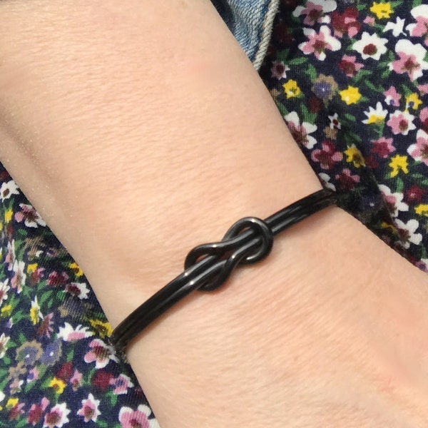 Black Square Knot Bracelet, Stainless Steel Wire Cuff, Infinity Jewelry, Metal Love Knot Symbol, Womens Adjustable Bracelet