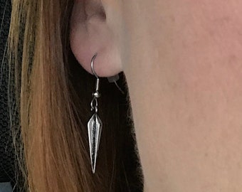 Silver Spike Earrings, Dagger Earrings, Rocker Jewelry, Dangle Earrings, Sensitive Ears, Stainless Steel French Hook Wires