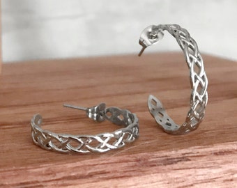 Silver Celtic Earrings, Stainless Steel Braided Hoops, Irish Jewelry for Women, Gift Ideas For Sister, Bridesmaid Gift, Medium, Round