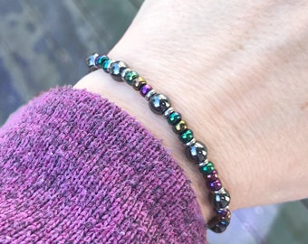 Rainbow Hematite Bracelet, Natural Stone, Edgy Jewelry, Rocker Chic, Elastic Beaded Stretch Bracelet, Gift for Girlfriend