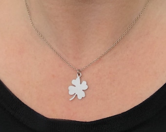 Silver Four Leaf Clover Necklace, Brushed Metal, Lucky Jewelry, Irish Pendant Necklace, Gift Sick Friend, Stainless Steel Jewelry for Women