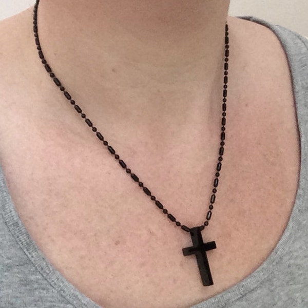 Small Black Cross Necklace, Mens Womens Stainless Steel Jewelry, Religious Pendant, Christian Jewelry